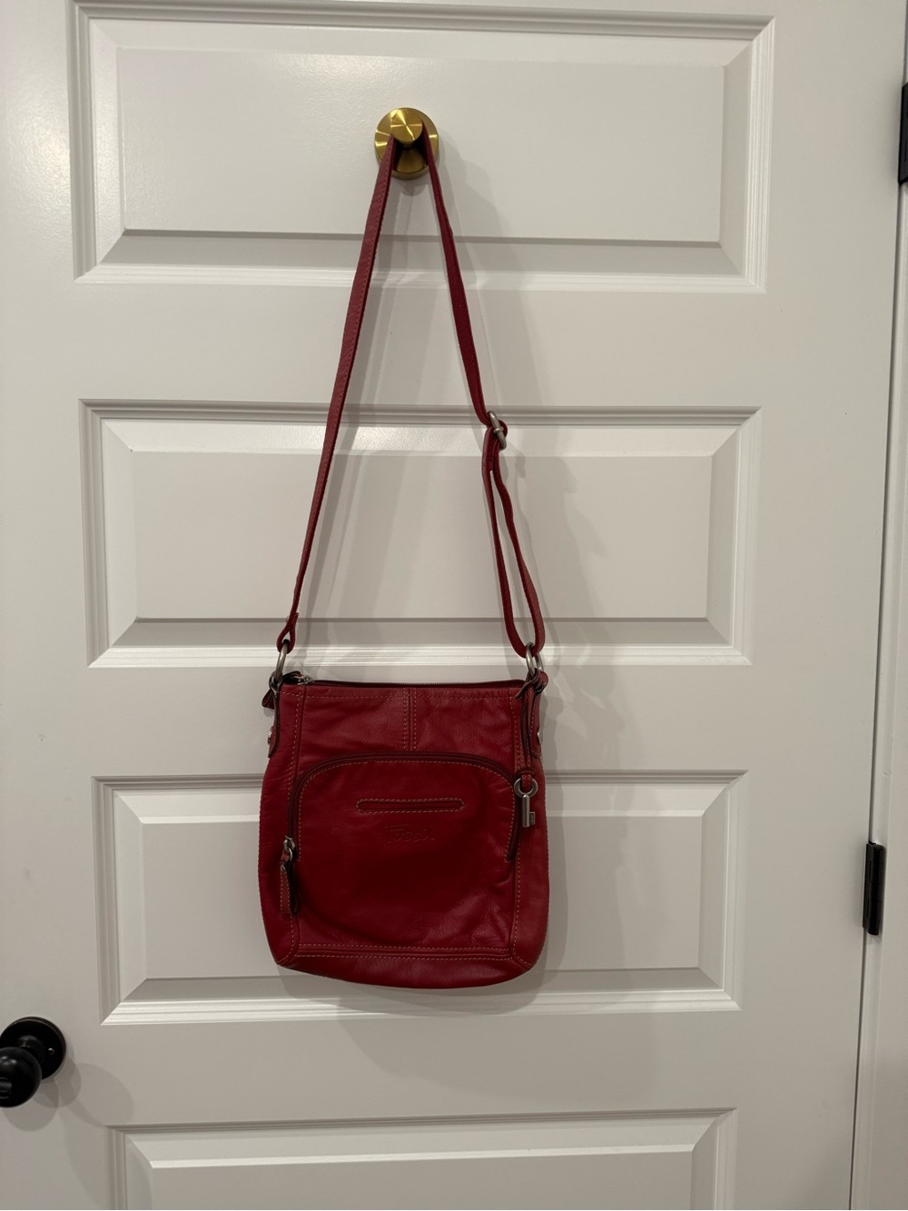 Fossil Hanover Red Leather Multi-Pocket Crossbody Messenger Bag